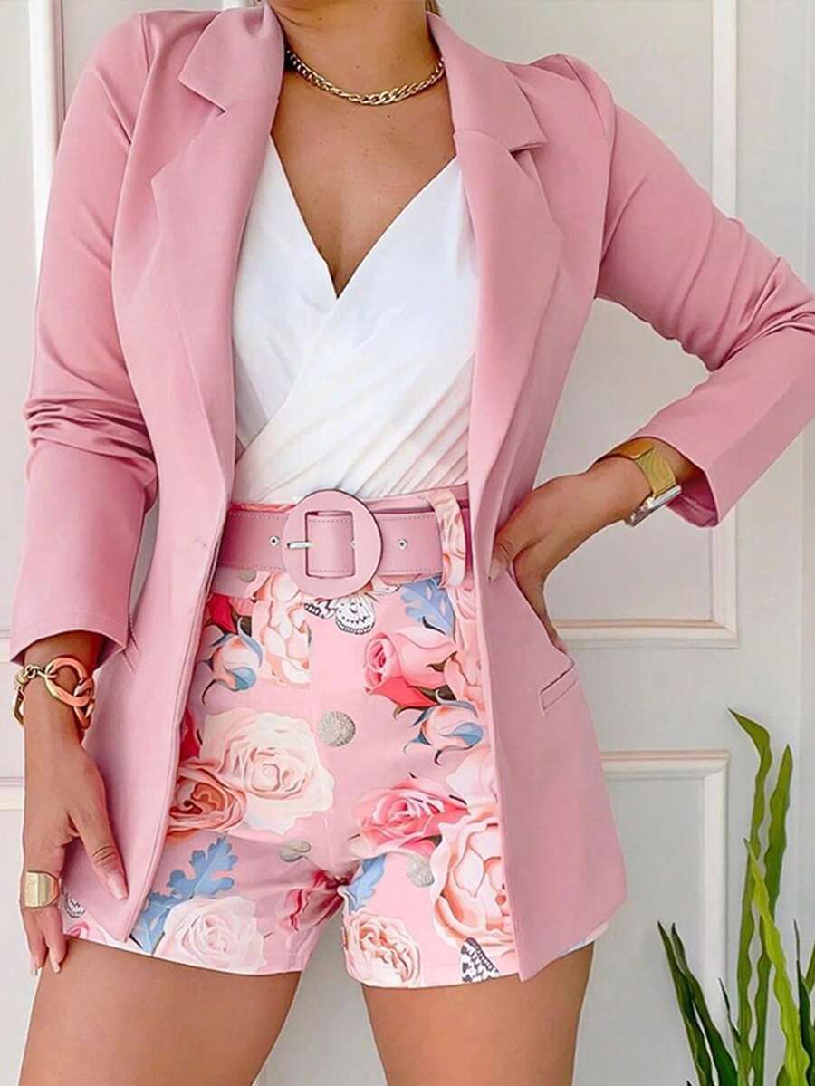 ChicMe 2 Pieces Womens Long Sleeve Solid Pocket Button Design Blazer Floral Print Shorts Set With Belt Elegant Casual Outfit For Business Daily