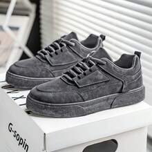 (Size Runs Small) Men's Solid Gray Front Lace-Up Skateboard Shoes, Minimalist Style With Splicing Details, Round Toe Low-Top Sneakers