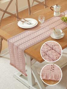 1pc Pink Elegant Striped Hollow Table Runner, Minimalist Farmhouse Style, Suitable For Kitchen, Dining Room, Living Room, Home, Party, Hotel, Restaurant, Wedding, Banquet, Dinner, Holiday Celebration, Seasonal Gift, Multiple Sizes Available - Pink - View 9