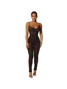 2025 Summer New Arrival Women's Sexy Deep V Neck Camisole - Flocked, Skinny Fit, Bodycon Jumpsuit - Màu Khaki - Xem 4