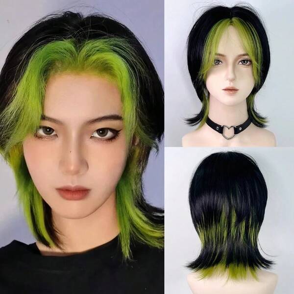 Synthetic Short Black Gradient Green Straight Wigs With Green Middle Spilt Bangs For Women Cosplay Lolita Carnival Party Fake Hair