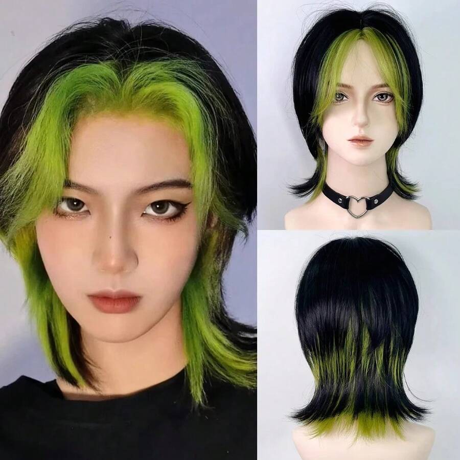 Synthetic Short Black Gradient Green Straight Wigs With Green Middle Spilt Bangs For Women Cosplay Lolita Carnival Party Fake Hair