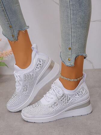 Höst/vinter Dam Nya Sportiga Sneakers Med Snörning I Strass Utomhuskil Med Tjock Bottom, Andningsbara Bekväma Löparskor, Utomhusresor, Lämpliga För Alla Årstider