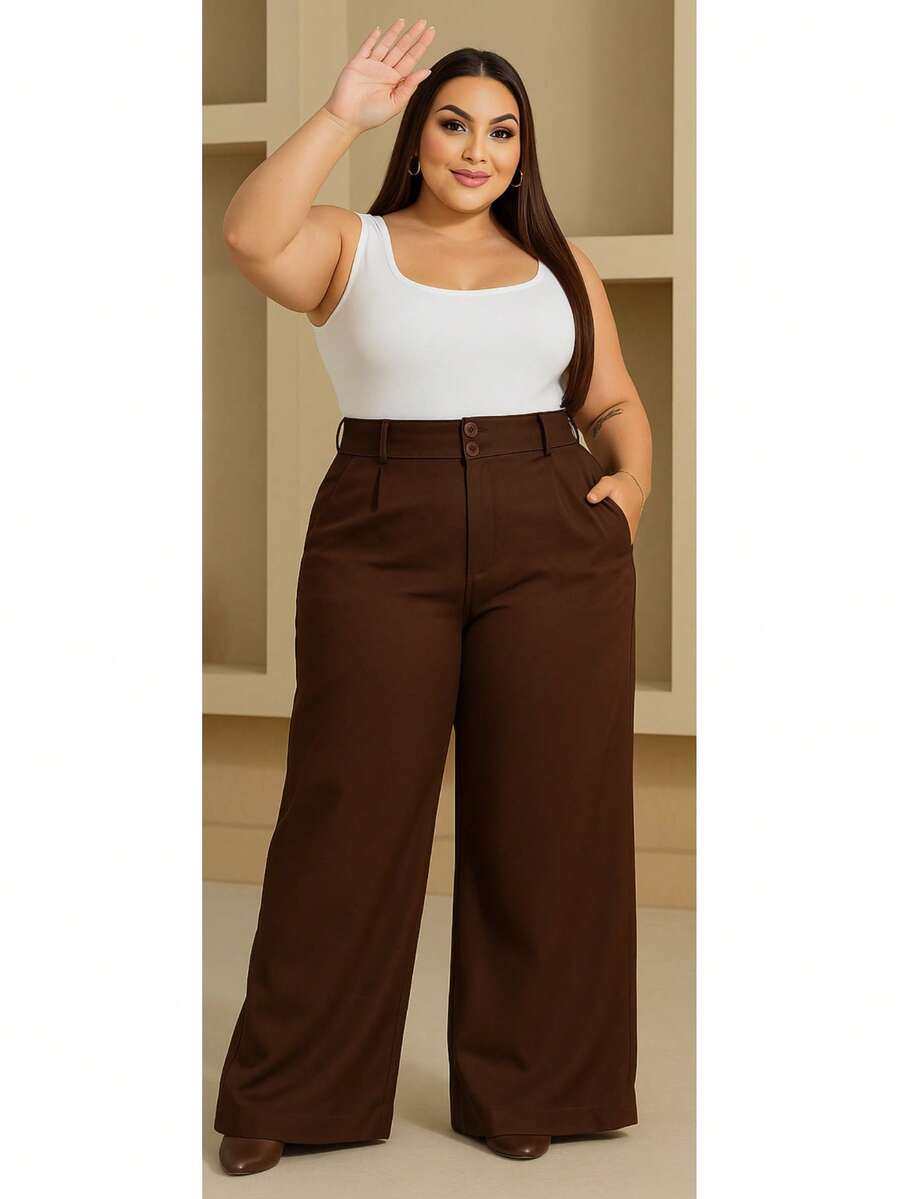 Plus Size, Elegant, Comfortable, Shaping Pants - Rust Brown - View 1
