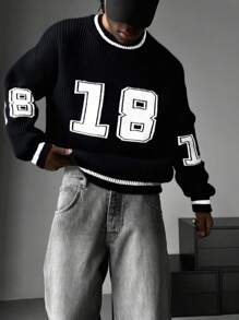 1pc Men's Black Crew Neck Sweater, Casual Loose Fit Knit Pullover For Home, Commute, Daily Wear, Outdoor, School, Street, Vacation, Versatile, Autumn/Winter