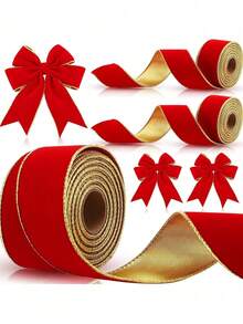 1/2 Roll 2M Christmas Red Ribbon With Gold Edge 2.5 Inch Wide Wired Ribbon Outdoor Ribbon Holiday Decorative Ribbon Fabric Ribbons For Xmas Tree Bow Wreath Making Gift Wrapping Craft, Christmas - View 2