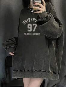 Women's Y2K Oversized Soft Cotton Distressed American Hip Hop Letter & Number Print Casual Vacation Home Street Chic Student Christmas New Year Long Sleeve Sweatshirt, Autumn/Winter