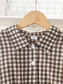 Girls' Long Sleeve Plaid Dress, Brown & White Checkered Pattern, Leather Trim Bow Waist Belt, Fashionable For Everyday Wear - Brown - View 3