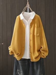 Plus Size Casual Solid Color Round Neck Long Sleeve Cardigan, Autumn/Winter - Yellow - View 1