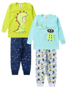 Kit Pijama Brilha no Escuro 6 Peças Menino Infantil Sortidos Inverno Roupa Infantil Masculino - Multicolorido - Visão 4