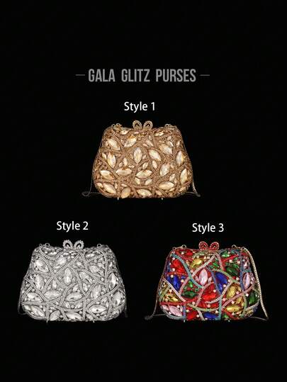 1件闪亮优雅晚宴手拿包，奢华水晶装饰手提包，女士新娘婚礼派对钱包，时尚女士钱包，可装口红、香水，手工金属镶钻晚宴手拿包，适合婚礼、派对、晚宴等高端场合（不可装手机）