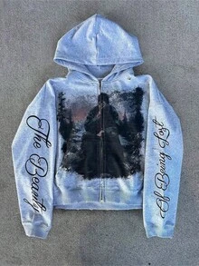 Fall/Winter Men's Hooded Sweater Loose-Fitting Casual Artistic Print Zip-Up Hooded Sweatshirt