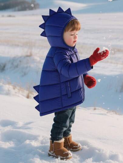 Kurtka zimowa dla chłopca i dziewczynki z kapturem i motywem dinozaura, ciepła, zapinana na zamek, ocieplana, z wzorem dinozaura 3D