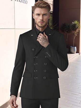 男士西装外套双排扣时尚 - 经典半正式设计，舒适合身，商务休闲正式风格，适合婚礼、派对舞会、工作面试和日常生活等各种场合，男士黑色西装外套