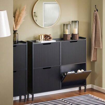 SoBuy Schoenenrek met 4 kleppen, slanke schoenenkast, schoenenrek met 4 planken, schoenenladekast, schoenenopbergruimte, wit, B x H x D ca. 100 x 91 x 19 cm FSR177-L-W