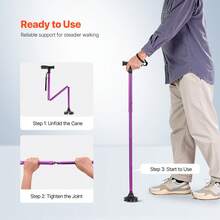 Walking Cane For Man Woman, Folding Walking Stick With 8-Level Adjustable Height, 4-Pronged Pivoting Base, Lightweight & Portable Aluminum Mobility Aid For Senior Adults, 250LBS Loading (Purple) - 紫色 - 查看 6