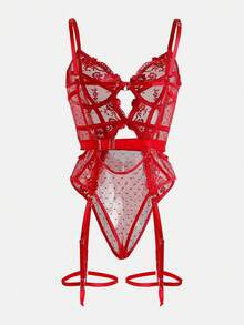 Women's Sexy Embroidered Teddy Lingerie Set - Red - View 2