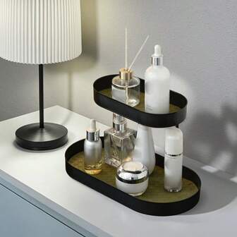 1件套梳妆台钥匙香水架铁艺化妆品收纳盒香薰桌面托盘洗漱台 1件套高档浴室梳妆台化妆品香水收纳架，双层收纳架，适用于梳妆台，家用护肤品收纳盒