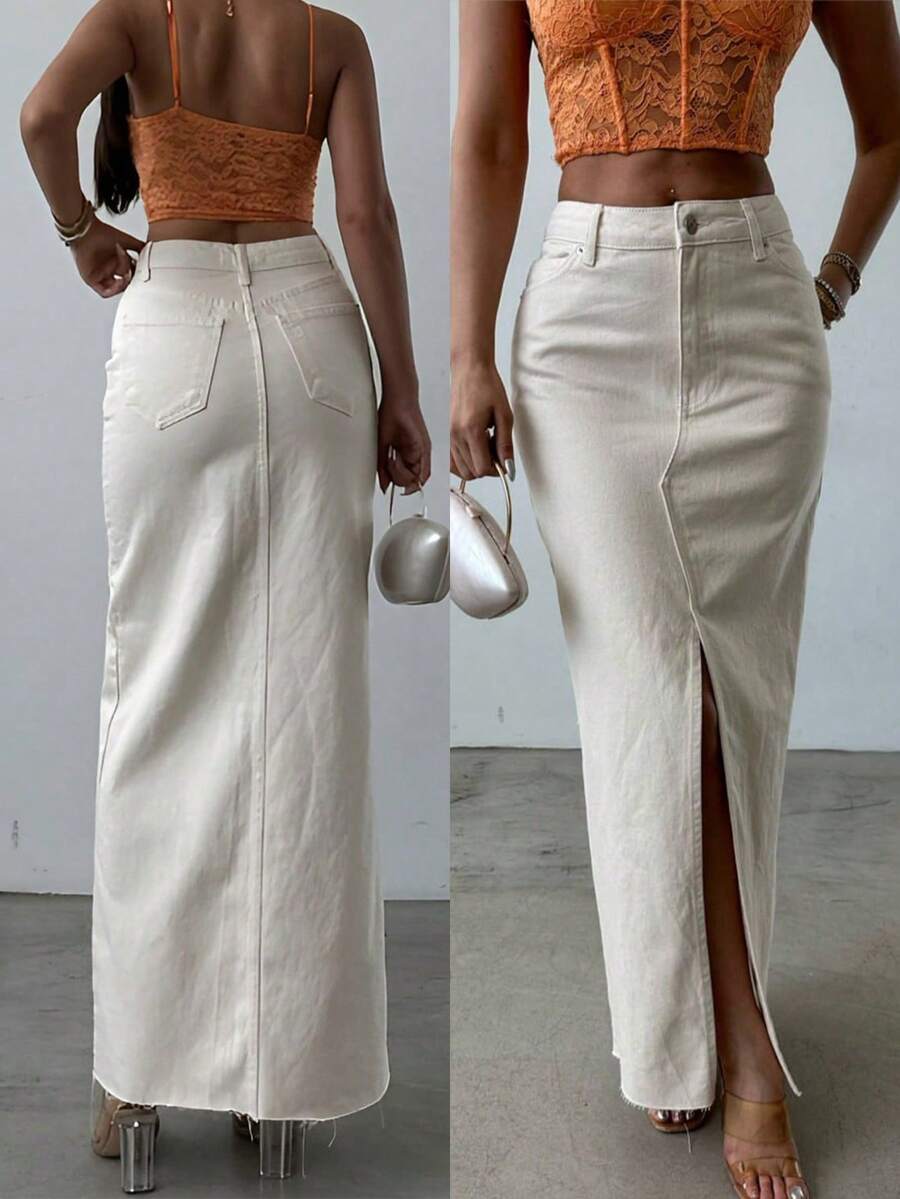 SQUALO Women's Flared Denim Skirt With Slits And Pockets In A Washed-Out Effect - White - View 1