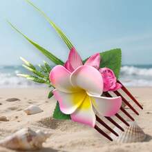 1pc Tropical Artificial Hibiscus Flower Hair Comb - Hawaiian Bridal Hair Accessory, Includes Yellow, Blue, Pink Flowers And Green Leaves, Suitable For Straight/Wavy/Curly Hair - Beach Wedding Decor, Tropical Party Accessory, Realistic Floral Design, Polyester Flower Print Boho, Combs, Hair Comb, Side Comb, Combs For Hair, Bride To Be