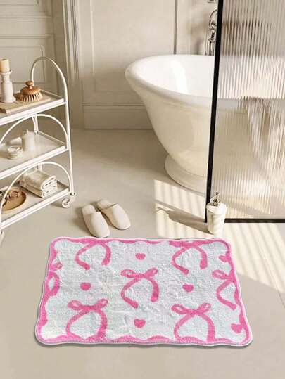 1 pieza Alfombra de baño con diseño de lazo adorable, alfombra de estilo dulce y lindo para niñas, alfombra de lana sintética suave y cómoda, adecuada para sala de estar, dormitorio, armario, entrada, cocina, mesita de noche, duradera y antipolvo