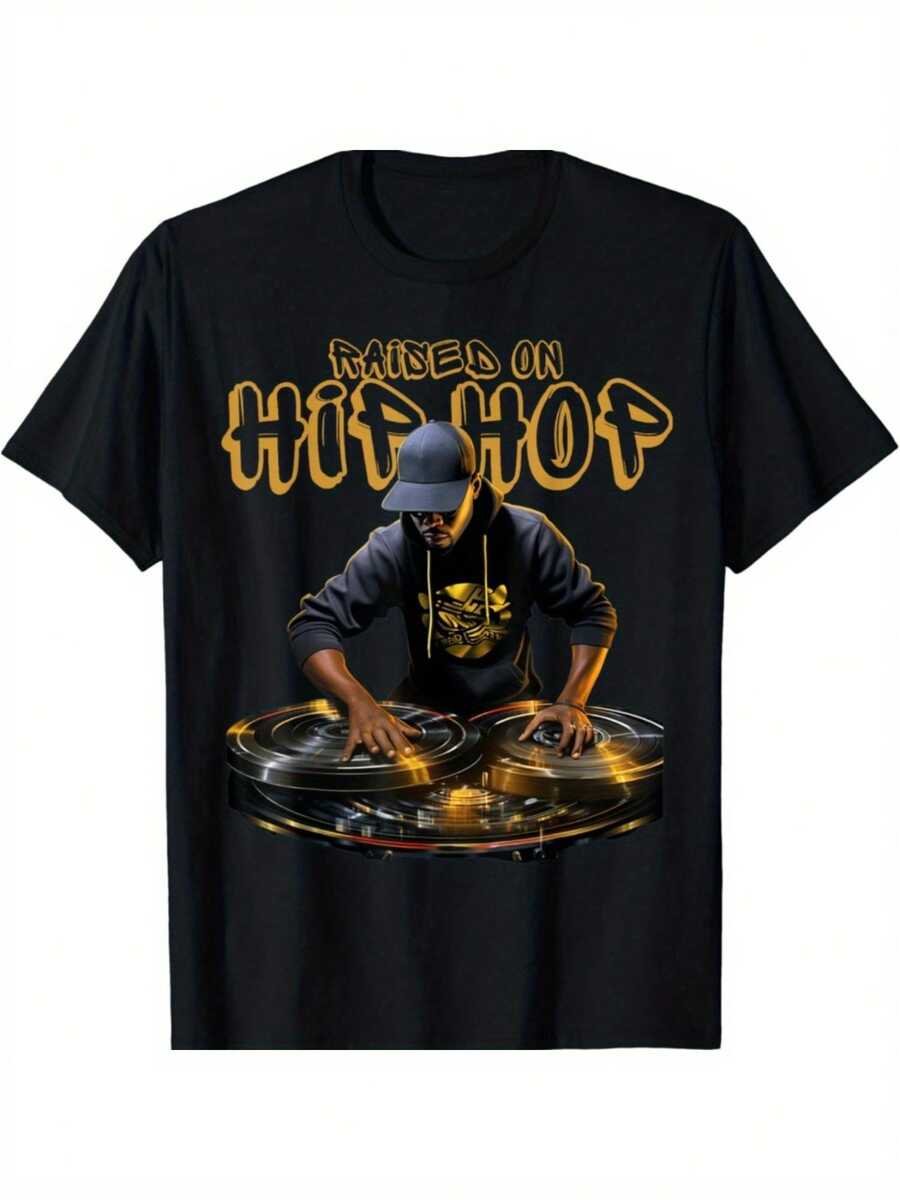 Men's Hip Hop DJ 50th Anniversary Graphic T-Shirt - Black With Yellow "Made Hip Hop" Lettering & DJ Turntable Art, Regular Fit Short Sleeve Casual Tee For Music Enthusiasts, Machine Washable Top| Dj Themed Apparel| Vibrant Print Quality - Black - View 1