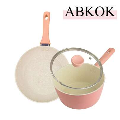 ABKOK Bộ đồ nấu ăn bằng nhôm màu hồng mini 1 cái/2 cái/3 cái/5 cái, Chảo chống dính, Nồi, Chảo làm bánh kếp, Bình đựng sữa kèm thìa silicon, Dễ thương & Nhỏ gọn, Cần lắp ráp, Có sẵn nồi đơn hoặc bộ