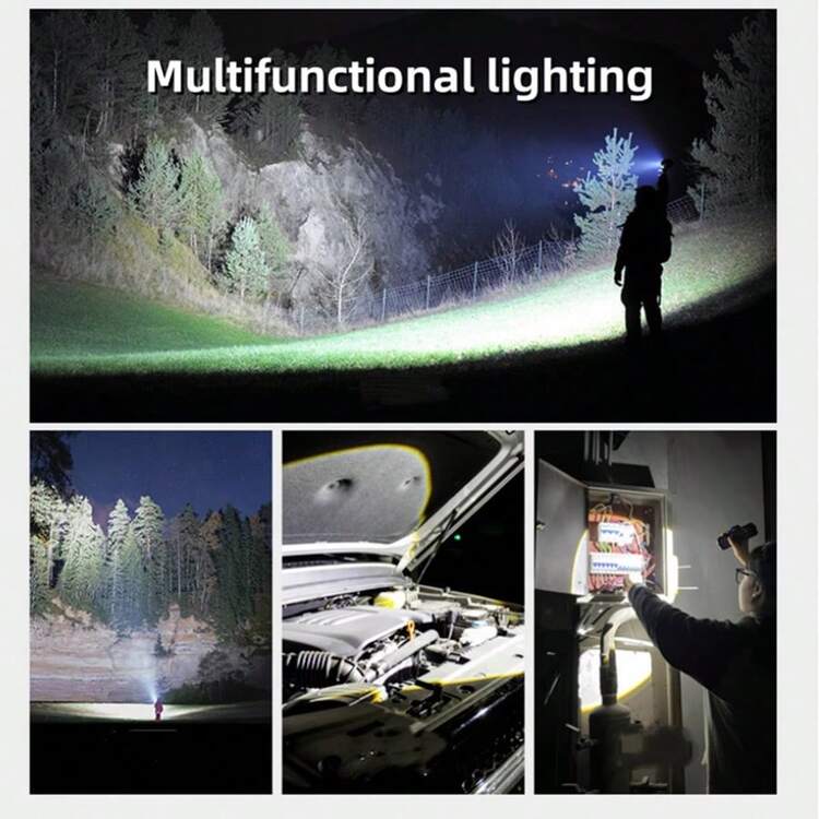 大功率 LED 手电筒超亮 4 模式变焦防水 USB 可充电户外应急电源适用于露营、夜间骑行、徒步旅行和钓鱼 - 黑色 - 查看 2