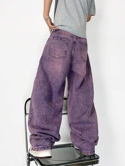 1 件宽松阔腿水洗牛仔裤，美式街头休闲风格男士（无腰带或配饰）