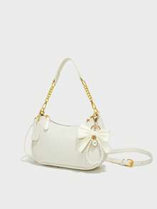 Túi đeo vai nữ kiểu dáng cổ điển mới, được làm từ chất liệu PU chống thấm nước đa năng, trang trí bằng nơ và mặt dây chuyền ngọc trai, in họa tiết chữ cái. Túi có thể đeo vai hoặc đeo dưới cánh tay, phù hợp cho mua sắm, đi làm, đi chơi và các dịp dự tiệc. - Màu be - Xem 2