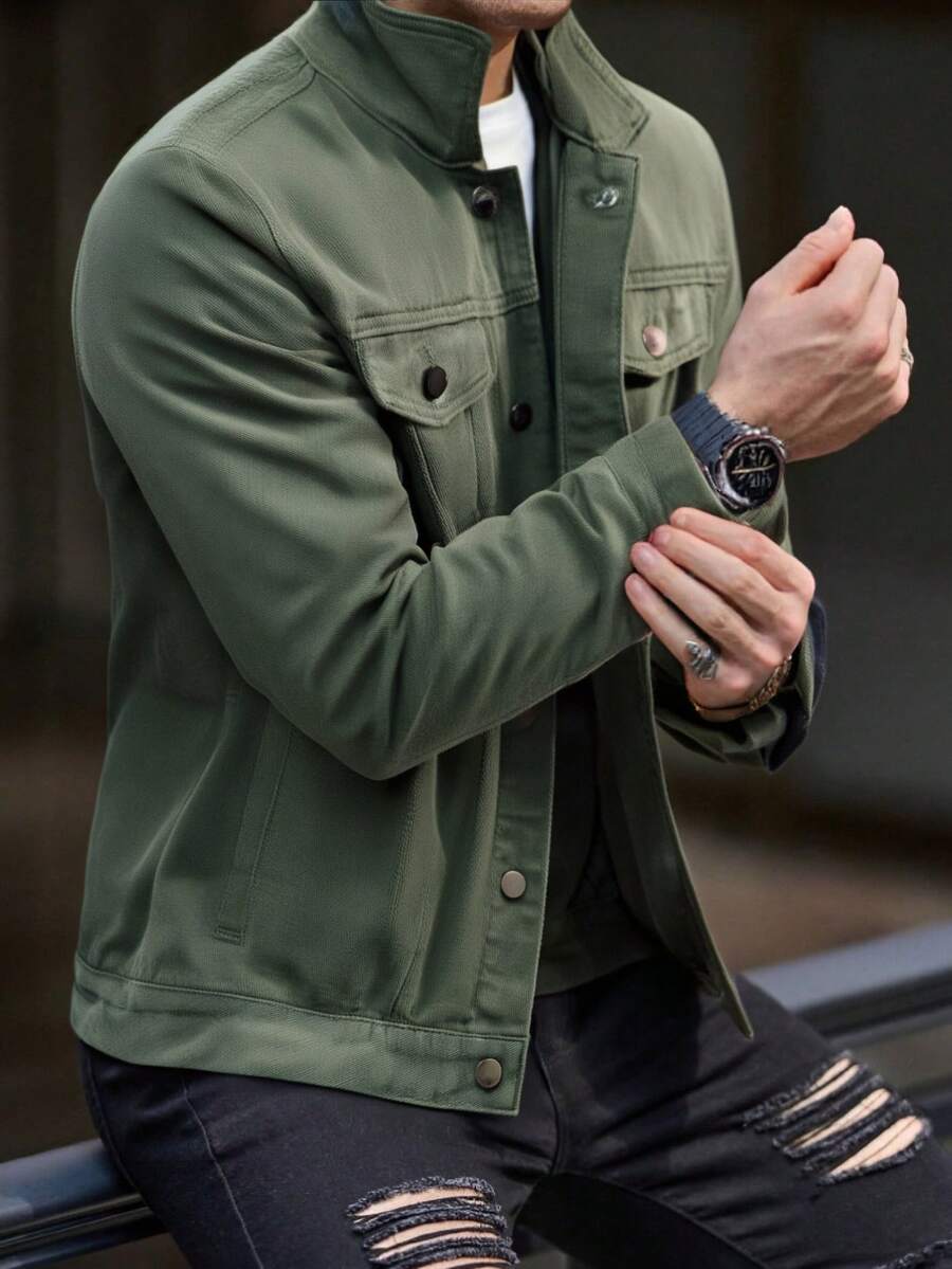Men's Fashion Casual Military Green Slim Fit American Denim Jacket, Classic Pocket And Collar Design, Essential For Street Style, Men's Stretch Denim Jacket, Suitable For Any Occasion - 軍綠色 - 查看 1