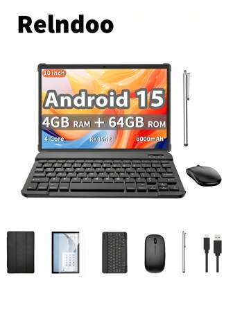 Relndoo 带键盘和鼠标的 Android 平板电脑二合一，2025 TopS Android 15 10 英寸平板电脑，（4GB+8GB）RAM+64GB ROM，1280 * 800px 高清触摸屏，2MP+8MP 双摄像头，RK3562 四核 2.0 GHz，平板电脑带保护套、鼠标、手写笔、键盘，6000mAh 电池，支持 1TB SD 扩展，802.11n Wifi 2.4G/5G 无线，GPS，经过认证的平板电脑（无适配器）-黑色