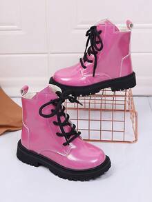 1 Paar fuchsiafarbene Stiefel für Teenager/Kinder, einfarbiges weiches, lederähnliches PU-Material, Innenzipverschluss, Schnürung vorne, runde Zehenpartie, dicke Sohle, rutschfest, bequeme Leder-Kniestiefel, geeignet für männliche/weibliche Studenten, Lässig, Reisen, Urlaub, Campus, Herbst/Winter Neuheit - Pink - Übersicht 5