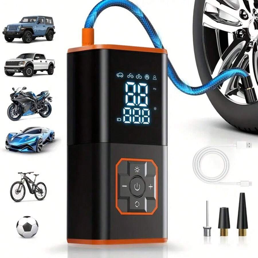 Infladores de neumáticos, compresores de aire portátiles, carga inalámbrica USB (batería de 2000 mah), manómetros digitales y luces LED, ideales para accesorios deportivos y de entretenimiento al aire libre, inflado de neumáticos de motocicletas, automóviles y bicicletas.
