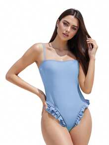 Traje de baño monokini para mujer, color sólido, tirantes finos, volantes, sin mangas, traje de baño de verano, bikini - Azul celeste - Ver 4