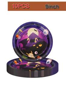 10 件万圣节派对装饰盘子、杯子和餐巾，黑猫蝙蝠元素甜点盘和餐巾，适合万圣节派对礼物 - 彩色 - 查看 9