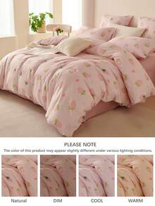 2/3件套柔粉色草莓图案床上用品套装，甜美可爱学生风，适合学生、男生女生宿舍装饰，包含被套和枕套，春夏款，提供单人床、双人床、大号双人床尺寸。 - 粉色 - 查看 5