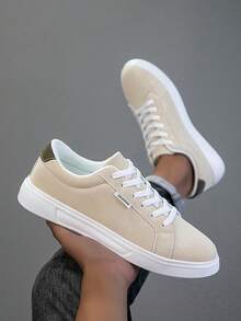 2025新款男士运动鞋男时尚帅气休闲鞋系带男鞋滑板鞋男士运动鞋个性街头男鞋 - 米色 - 查看 2