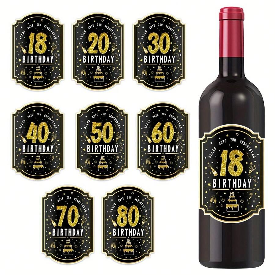 12-Piece 18/20/30/40/50/60/70/80 Party Wine Bottle Stickers, DIY Non-Stick Wine Bottle Decoration Stickers, Golden Digital Printed Age Decoration Stickers, Durable Material And Easy To Stick, Suitable For Birthday Party Decoration And Anniversary Celebration, Decorating Wine Bottles In Theme Birthday Party Celebration Activities, - Multicolor - View 1