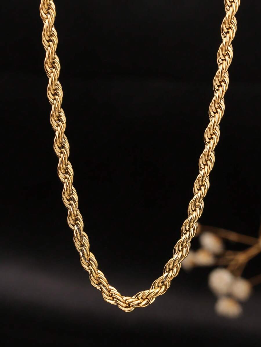 1pc 24K Gold Twist Chain Bracelet, Titanium Steel Hypoallergenic Adjustable Multilayer Stacking Bracelet, Birthday Gift For Friends & Couples, Spring/Summer 2025 - Gold Twist Necklace - View 1