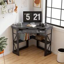 VECELO Triangle Corner Desk 90 Degrees Triangle For Computer, Small Space,Makeup Vanity Desk With Storage Shelves, Writing Desk