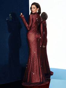 QOQ 女款優雅立領鑽飾長版正式晚禮服，美人魚裙擺，春季婚禮賓客雞尾酒會晚餐舞會禮服 - 酒紅色 - 查看 3