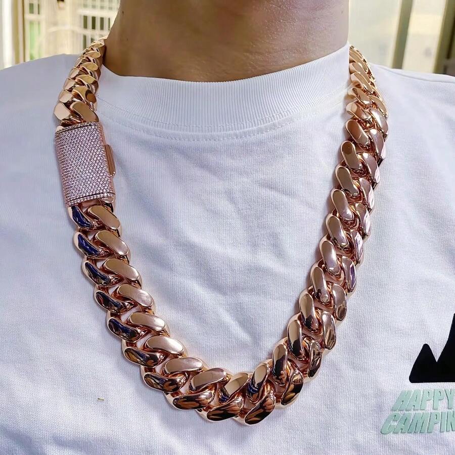 316L Stainless Steel Miami Curb Chain Nekclace Or Bracelet 18mm-22mm  Rose Gold Plated Miami Cuban Link Chain  For  Hip Hop Jewelry For Men Jewelry Cuban Link Chain Necklaces For Men Gold Chain Cuban Link Chain Women Baddies Chain Accessories Suitable As Valentine's Day Gift, For Party And Daily Wear - 20毫米(0.78吋) - 查看 1