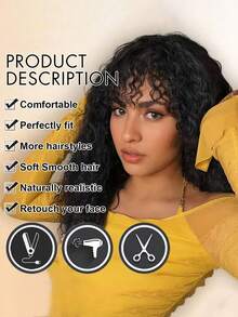 Billowig Pretty Brown & Black Wig With Bangs, Natural Messy Medium Length Curly Hair, Synthetic Wig-Lightweight & Heat-Friendly & Beginners Friendly , Suitable For Woman Daily, Gatherings, Cosplay, Halloween, Costume Parties, Music Festivals, Weddings And Balls - 黑色 - 查看 2