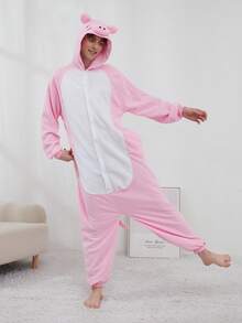 Adult Men's Cartoon Pink Pig One-Piece Pajamas, Autumn And Winter Thickened Animal One-Piece Pajamas, Hooded Warm Home Clothes, Halloween Costumes, Christmas Role-Play Party Costumes - Baby Pink - View 5