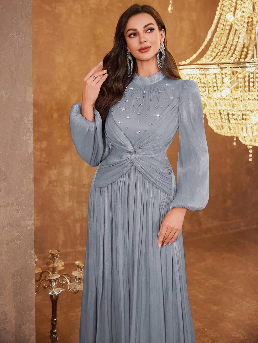 女士立领扭腰串珠优雅长灯笼袖撞色连衣裙，适合婚礼、春季派对等场合 - 灰藍色 - 查看 1