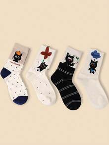 4 Pairs Women's Cute Cartoon Black Cat Combination Fashion Mid-Calf Socks, Versatile For All Seasons, Simple, Soft, Comfortable & Breathable, Suitable For Daily Use