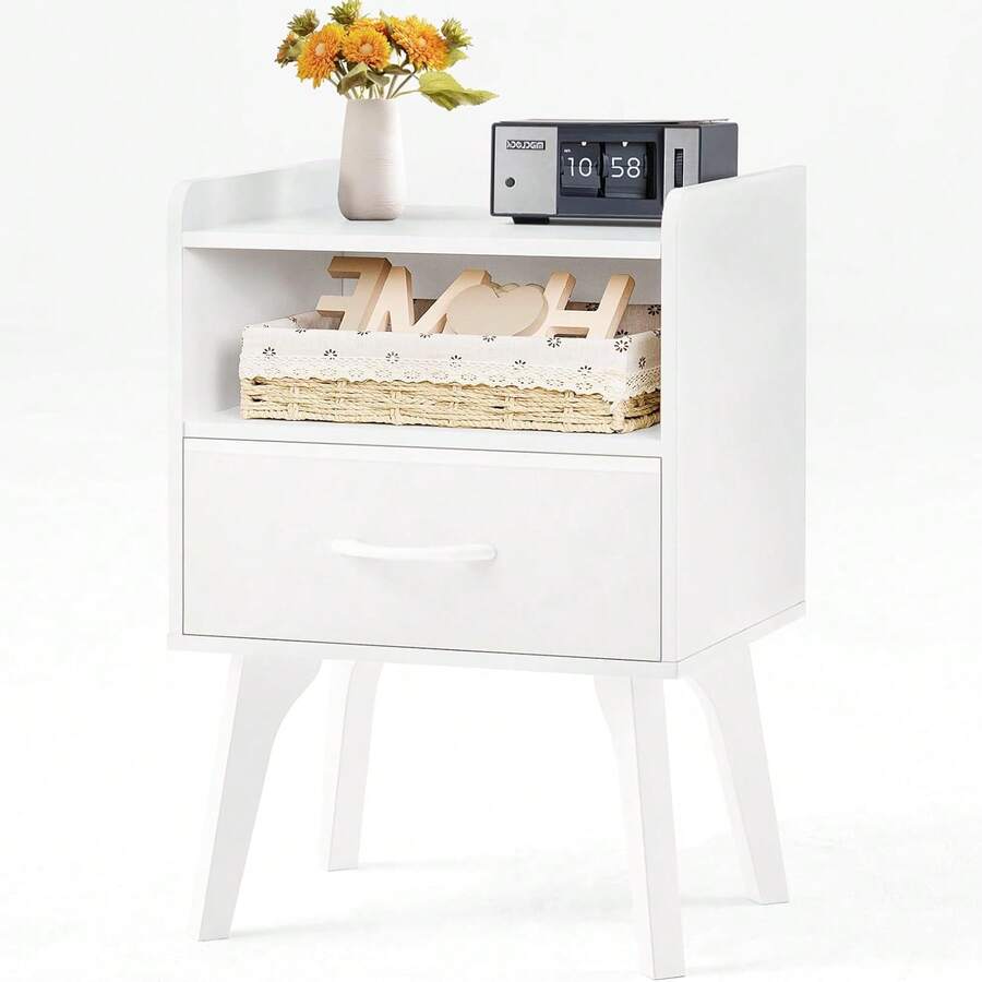 Wooden Bedside Table, Bedside Table With Secret Compartment, White Bedside Table 57 Cm High Side Table With Fabric Drawer, Bedside Tables 30 Cm Wide For Bedrooms, Living Rooms And Small Rooms - 白色的 - 查看 1