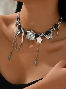 1pc Retro Y2K Exaggerated Multi-Element Clock Rivet Heart Choker Necklace Pendant Clavicle Chain, Suitable For Women's Daily Wear, Music Festivals, Valentine's Day Dates, Gifts, Matching Casual Outfits - Multicolor - View 4