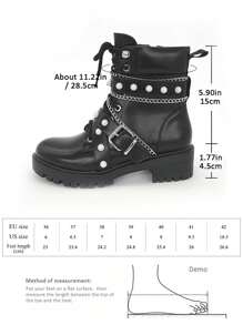 女式系带厚底踝靴哥特式厚底靴金属装饰链条拉链朋克风格摩托车靴黑色 - 黑色 - 查看 3